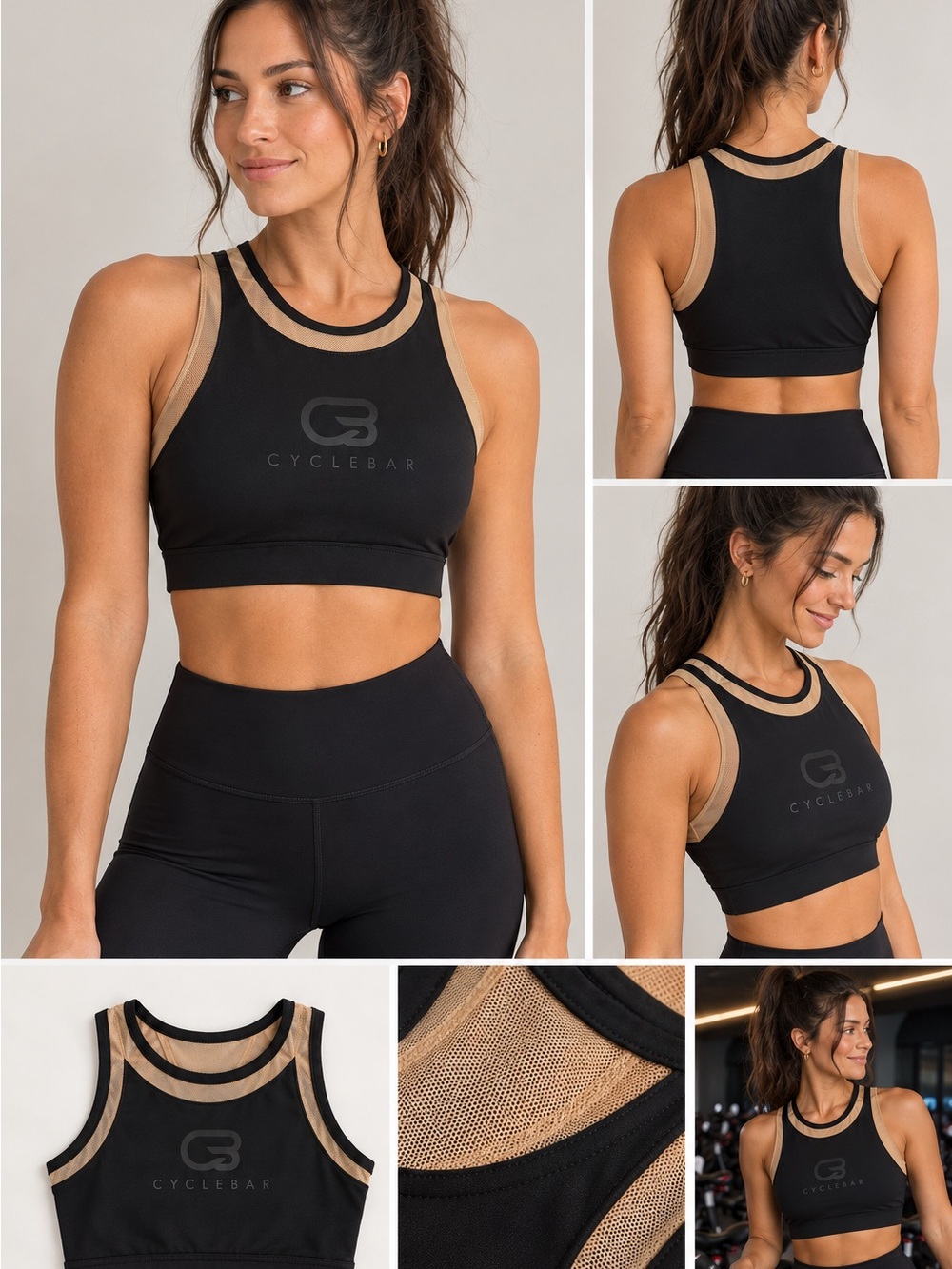 Cyclebar Black Sports Bra with Tan Contrast Trim